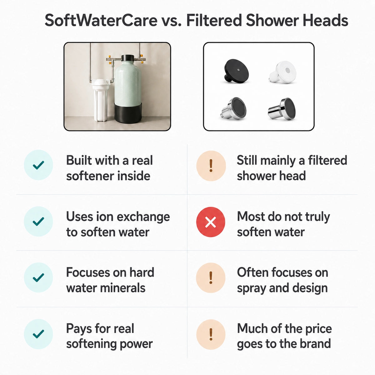 in-line shower water softener vs filtered showerhead comparison setup